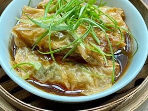 Beancurd Roll Filled with Minced Pork, Black Fungus & Vegetables in Abalone Sauce