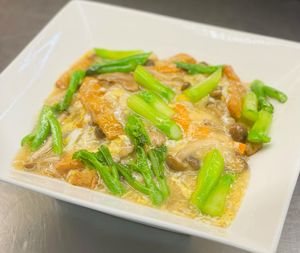 Homemade Hor-Fun With Beancurd Sheet, Mushroom And Kailan In Egg Wash Sauce