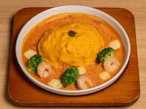 Tomato Cream Omu Rice with Shrimp & Mozzarella