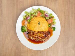 Omu Rice & Teriyaki Chicken Steak Plate with salad