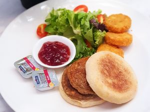 Quorn English Muffins and Sausage Patties with Jam and Salad 